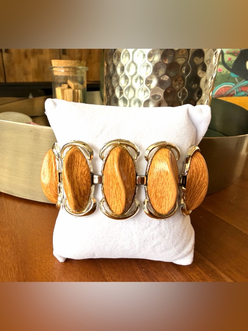 Vintage Silver and Faux Wood Link Bracelet - Picture 8 of 8